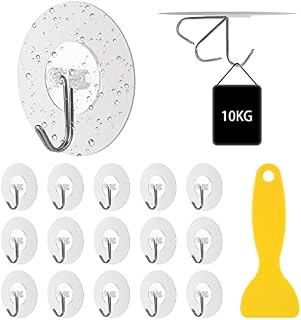 Self Adhesive Hooks, 15 Packs Sticky Hooks, Wall Hooks for Hanging, Heavy Duty Bathroom Hooks, Strong Adhesive Hooks, 10kg (Max) Clear Stick on Hook No Nails for Kitchen Office (with a Scraper)
