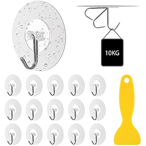 Self Adhesive Hooks, 15 Packs Sticky Hooks, Wall Hooks for Hanging, Heavy Duty Bathroom Hooks, Strong Adhesive Hooks, 10kg (Max) Clear Stick on Hook No Nails for Kitchen Office (with a Scraper) Cover