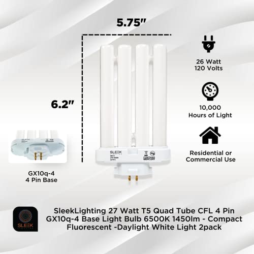 Sleeklighting 27 Watt T5 Quad Tube Cfl 4 Pin Gx10Q-4 Base Light Bulb 6500K 1450Lm - Compact Fluorescent -Daylight White Light 4Pack #TOP1