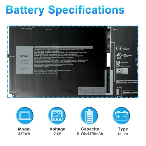 Image of 51Wh 52TWH Laptop Battery Replacement for Dell XPS 13 7390 2-in-1 Series Notebook P103G P103G001 P103G002 MM6M8 0MM6M8 XX3T7 0XX3T7 7.6V 4-Cell