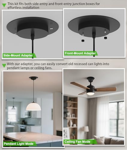 Image of Recessed Can Light Conversion Kit for 5 inch and 6 inch Ceiling Fixtures - Pendant /Hanging Light Upgrade, Compatible with Ceiling Fans, Includes 7 inch Flat Steel Medallion,Black Finish,2 Pack