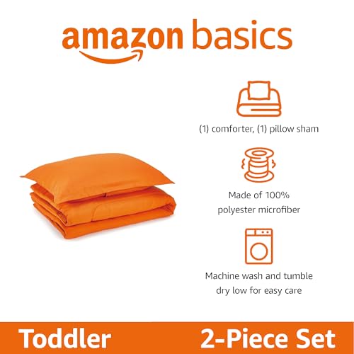 Image of Amazon Basics 2 Piece Microfiber Kid's Comforter and Pillow Sham Set, Toddler, Bright Orange, Solid