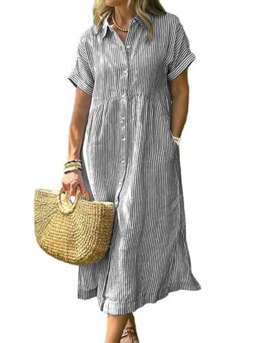 chouyatou Womens Summer Striped Midi Long Shirt Dress Casual Loose Short Sleeve Button Down Dress (Large Black)