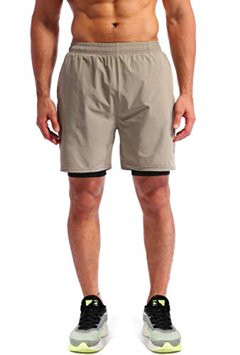 Image of Pudolla Men's 2 in 1 Running Shorts 5 inch Quick Dry Gym Athletic Workout Shorts for Men with Phone Pockets