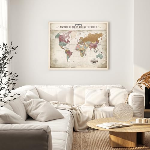 Image of DECORARTS - Large World Travel Map with Pins, Pin Board Canvas Wall Art, Soft Vintage Pastel World Maps for Wall, Giclee Print on Canvas, Handcrafted in USA, 35x28''