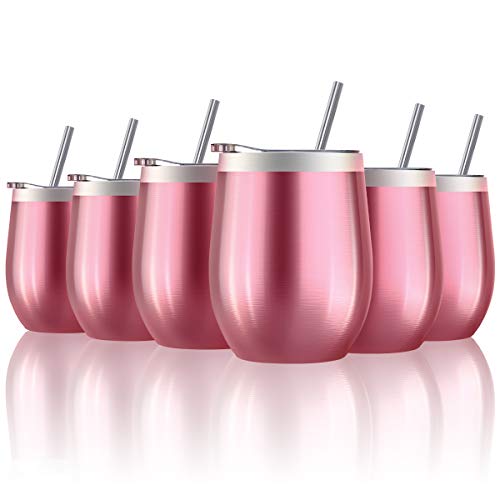 6 Pack Stainless Steel Stemless Insulated Wine Glass Tumbler Cup Gift Set 12Oz Family Double Wall Durable Coffee Mug with Lids,Straws, and Brushes (Rose Gold)