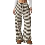 Wowcarbazole Women's Wide Leg Pants Striped Elastic High Waisted Casual Knit Palazzo...