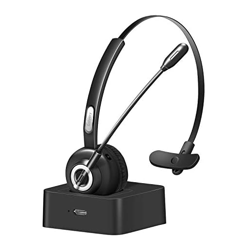 Golvery Bluetooth Headset with Microphone, Truck Driver Headset w/Charging Base, Wireless Office PC Hands-Free Headphone with Noise Canceling for Call Center, Skype, Supports Music 17 Hrs Talk Time