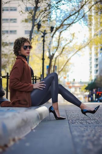Image of Retro Gong Faux Leather Leggings for Women, Black High-Rise Pants