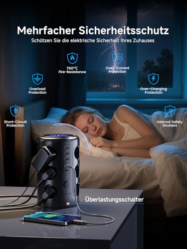 Pluackg Mehrfachsteckdose mit 5 USB, 12 Fach Steckdosenleiste mit Schaltbar Überspannungsschutz, 2M Verlängerungskabel Steckdosenturm Mehrfachstecker für Zuhause, Büro Schwarz 3