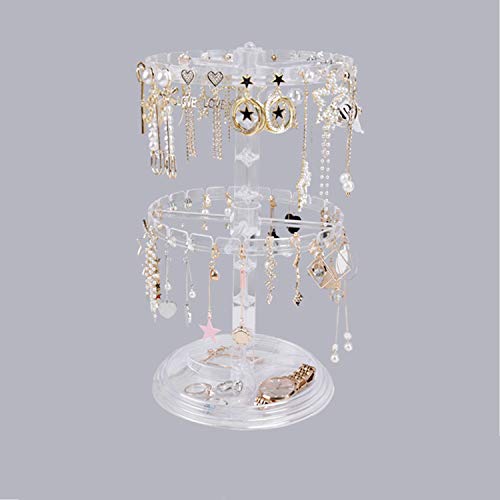 Qingsm 2-Tier Jewelry Organizer Hanger Display Stand,Clear Plastic Earrings Holder with Tray,Bracelets, Rings, Necklaces Jewelry Rotating Storage Display Rack