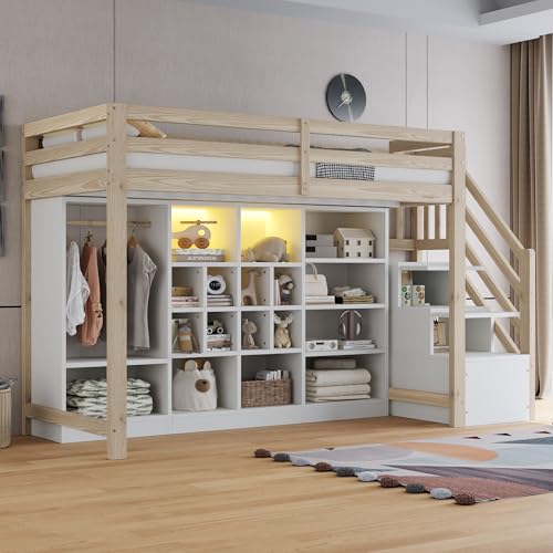 DUlVBPE Cama alta de 90 x 200 cm, con armarios de almacenamiento con varios compartimentos y un sencillo armario, con iluminación LED, estructura de cama y escalera lateral integrada con espacio de
