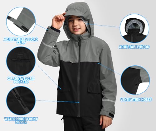 Image of Kids Rain Suit Jacket and Pants Set with Reflective Strips Adjustable Hood Flap Pocket for Boys Girls