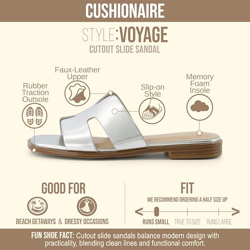 Image of CUSHIONAIRE Voyage Cutout Strap Slides for Women, Slip On Summer Flats, Trendy Footwear, Memory Foam Vegan Leather Comfortable Vacation Style Sandals