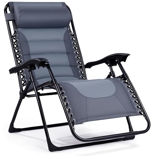 Backyard Expressions Deluxe XL Padded Recliner Zero Gravity Chair – Ergonomic Anti-Gravity Lounger with Folding Design, Side Tray, and Adjustable Headrest
