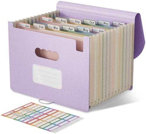 Accordion File Organizer, 13 Pockets Wheat Straw Expanding File Folder, Portable Monthly Paper Bill Tax Receipt Organizer, Letter A4 Size Document Holder with Colorful Tab-Lavender Purple