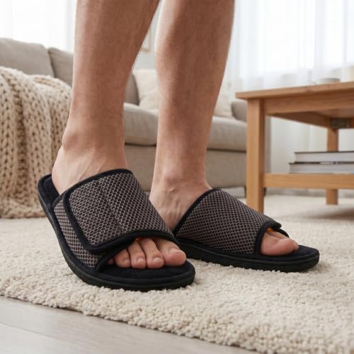 Image of Men's Adjustable House Slippers, Mesh Open Toe Breathable Indoor Slip on | Upgrade Memory Foam, Breathable Mesh Upper, Machine Washable, Moisture-Wicking Lining