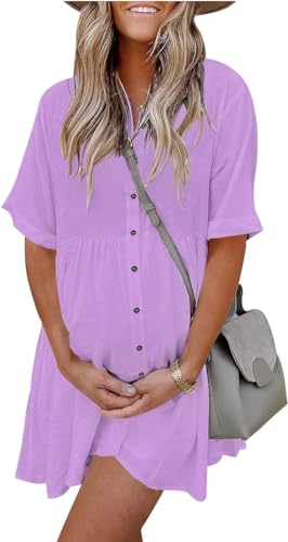 Image of PYGFEMR Women's Short Sleeve Babydoll Dress Button Down Dresses with Pockets