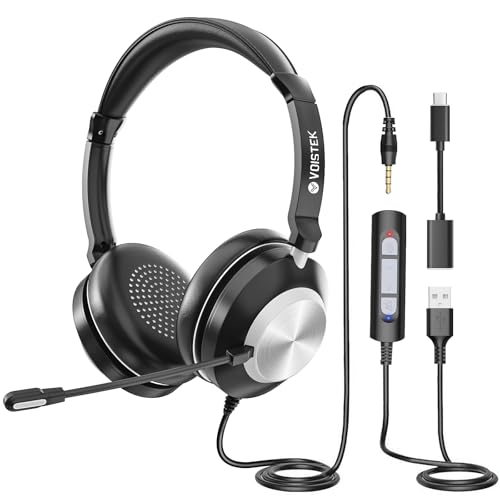 Voistek USB Headset with Microphone for Laptop PC Headphones with USB/Type-C/3.5mm Jack Computer Headset with Noise Cancelling Mic In-Line Volume Control & Mute Button for Call Centres Home Office