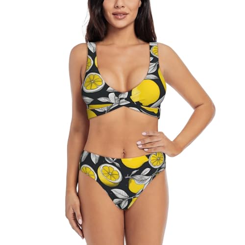 YIJIAYUN Conjunto de bikini con estampado de frutas de limón para mujer con diseño cruzado desmontable suave sin varillas almohadillas para el pecho, Negro, XXL
