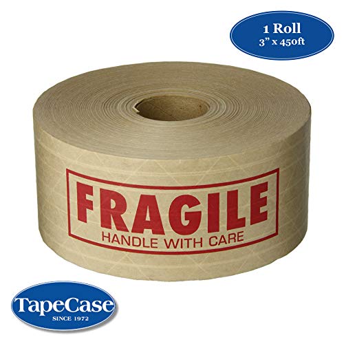 Image of TapeCase, 150KPT-2, Fragile Printed Kraft Tape, Water Activated Adhesive, Tan, 3 in x 450 ft, 1 Count