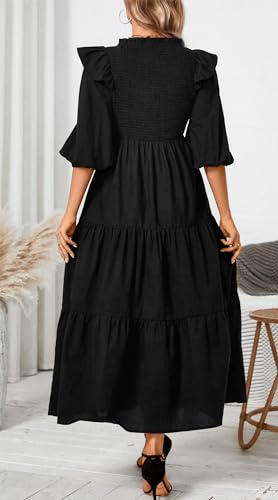 Image of Women Casual Lantern Sleeve Ruffle V Neck Fall Dress Boho Flowy Maxi Dresses Tiered Cocktail Long Dress