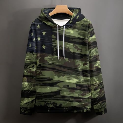Sweat à capuche manches longues imprimé camouflage militaire et rayures rétro vert - 3