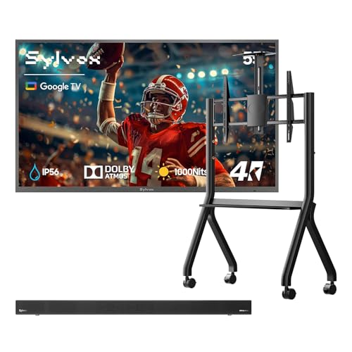SYLVOX Deck Pro 3.0 Outdoor TV Bundle, 4K UHD Smart Google TV with S3 Dolby Atmos Waterproof Soundbar & Mobile TV Stand, 1000-Nit Weatherproof Outdoor Television for Patio, Deck & Backyard Entertainme