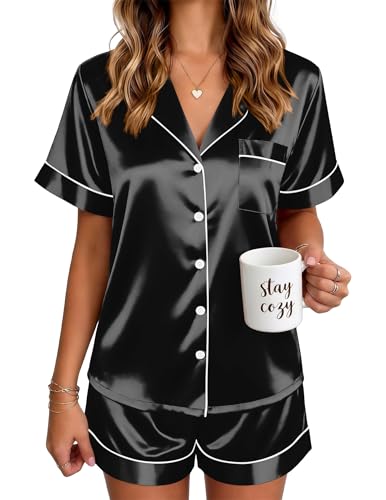 Image of Ekouaer Satin Pajamas for Women Silk Pjs Short Set 2 Piece Lounge Sets