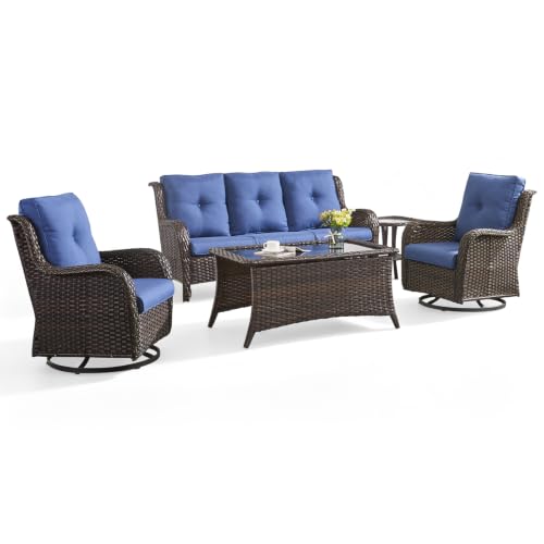 Image of Rilyson Patio Outdoor Wicker Swivel Rocker Chairs Set of 5, Blue Cushions