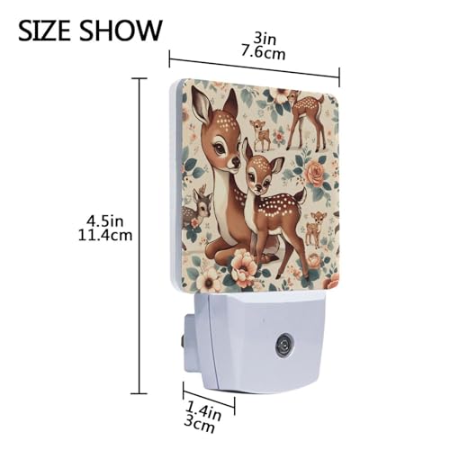 Image of Cute Vintage Fawn Deer Night Lights 2 Pack Plug-in Wall Led Nightlight Auto Dusk-to-Dawn Sensor Lamps for Bedroom Kitchen Bathroom