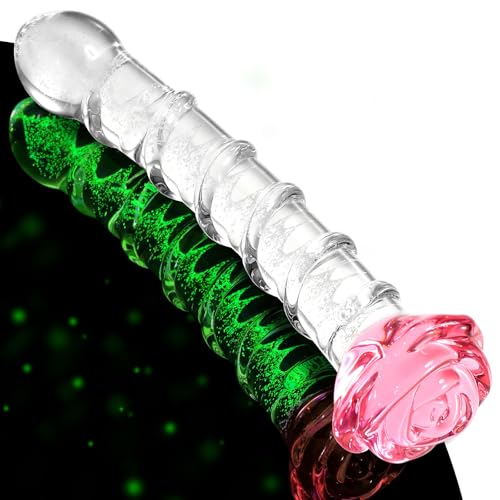 Glass Dildo Sex Toys for Women 8 Inch Curved Ribbed Dildo with Glow-in-the-Dark Wand Borosilicate Rose Toy for Couples LGBTQ & Female Gifting