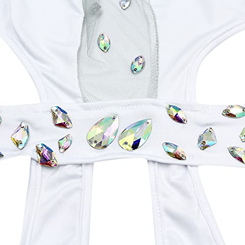 Women's Sexy See-Through Rhinestone One Piece Swimsuit Halter Mesh Hollow Out High Cut Tummy Control Bikini Bathing Suit White #TOP3