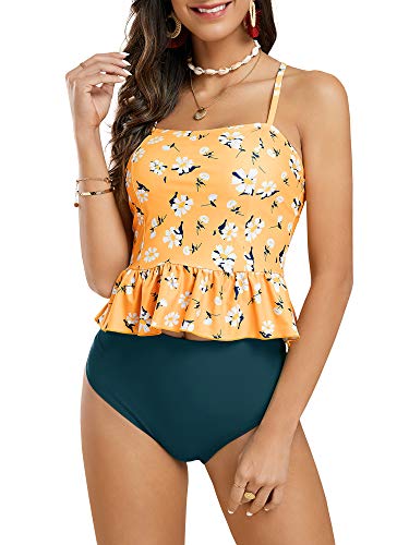 Tutorutor Women High Waisted Swimsuits Peplum Tankini Set Ruffle Floral Print Teen Spaghetti 2 Piece Halter Bikini