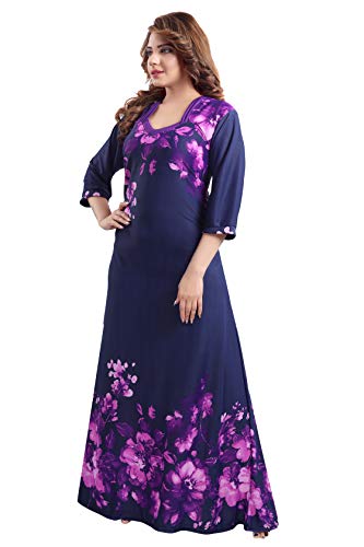 Image of Fabme Women's Crepe Printed Flare Nighty with Long Sleeves /Night Gown /Nightwear /Maxi