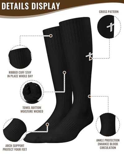 Eurzom 4 Pairs Cross Socks for Men Arch Support Thick Towel Bottom Knee High Socks Christian Religious Gifts for Football Baseball Soccer Running Sports2