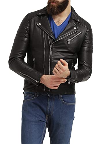 Image of Genuine Lambskin Leather Motorcycle Biker Leather Jacket Men CL-01