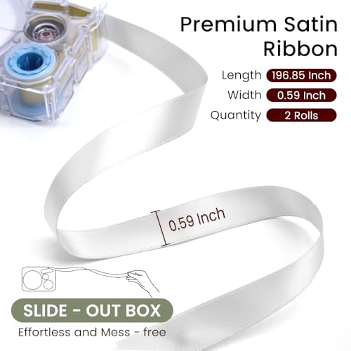 Phomemo A30 P15 Exclusive Embellish Gold Print on White Satin Ribbon, Fabric Ribbons for Gift Wrapping, Wedding Bouquets, DIY Crafts, Valentine\'s Day, Party Decor, 12mm x 5m, 2 Packs