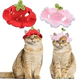 HACRAHO Lot de 2 jolis chapeaux tricotés pour chat, fraises et germes de haricot, chapeaux d'hiver en laine à tricoter pour Halloween, Noël, fête costumée, chiots et chats (taille M, rouge, rose)