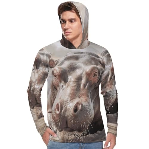 Mens UPF 50+ Sun Protection Hoodie Rash Guard Long Sleeve Sun Shirt Hiking Hippopotamus in Water Fishing Hoodie-2
