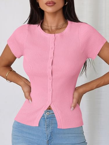 Image of Imily Bela Womens Short Sleeve Sweater Tops Summer Button Down Casual Ribbed Knit Slim Fit Cropped Cardigan Shirts