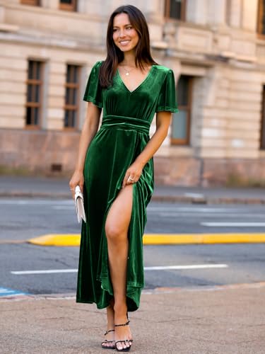 Image of Simplee Women's Velvet Maxi Dress V Neck Short Sleeve Empire Waist Semi Formal Long Cocktail Dresses