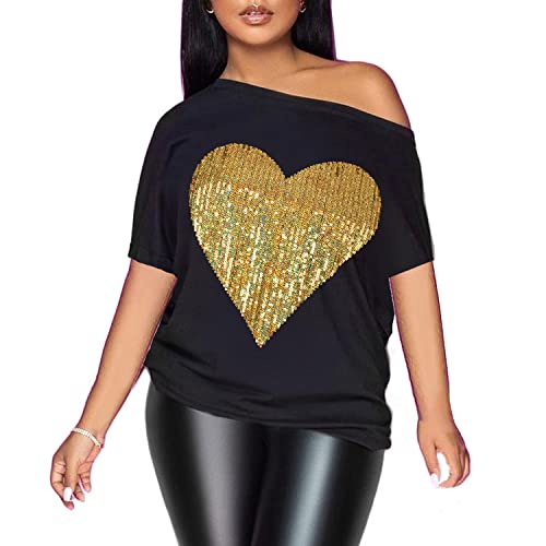 PESION Womens Sexy Love Letter Printed Shirts Off Shoulder Shiny Heart Graphic Tops Blouse T-Shirt Black+ Gold Heart Medium