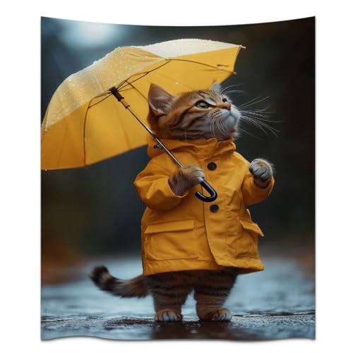 Cute Cat in Yellow Raincoat with Umbrella Tapestries Fabric Material Vintage…