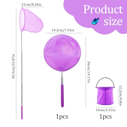 XIAQICA Schmetterlingsnetz Teleskop Kescher Kinder with Faltbarer Eimer Kächersieb Kinder Käscher für Fischernetz Teichnetz Ausziehbar Kleinen Fischen Outdoor Strand Garten (Lila)