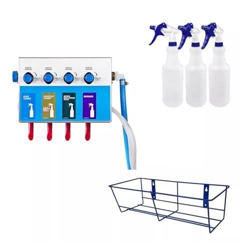 4-Products Spray Bottle, Chemical Proportioner with Wall Rack, Cleaning Chemical Dilution Dispensing Proportioner for Application in Hotel, School, Store, Restaurant, Hospital, 8134-4B-9002