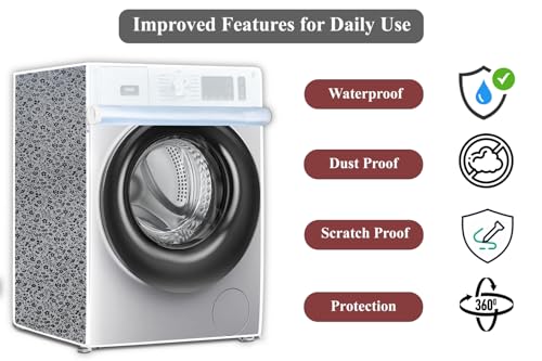 Image of The Furnishing Tree Waterproof and Dustproof PVC Washing Machine Cover Front Loading Compatible for IFB, 7 Kg, 7.5 Kg, 8 Kg, 8.5 Kg, CM-(63x63x81), Floral Pattern Darkgrey