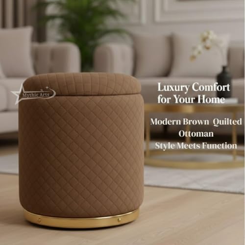 Image of Premium Round Storage Ottoman Stool 13 X 13X 16 inch, with Gold Metal Base | Luxury Pouffe with Hidden Storage | Cushioned Footrest for Living Room, Bedroom & Lounge Brown