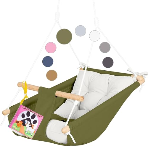 CaTeam – Baby Hängematten Schaukel aus Segeltuch, hängender Schaukelsitz aus Holz mit Sicherheitsgurt, langlebiger Baby-Hängematten-Stuhl, Outdoor- und Indoor-Schaukel für Kinder, grün