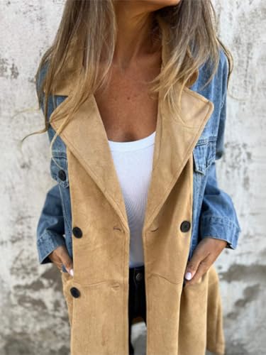 chouyatou Women's Notched Lapel Double Breasted Denim Spliced Faux Suede Leather Long Trench Coat Jacket Outerwear2